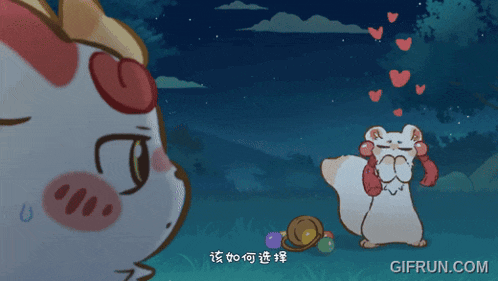 a cartoon of a cat looking at a squirrel with hearts coming out of its eyes