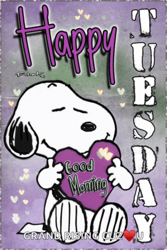 a picture of snoopy holding a purple heart that says " happy tuesday "