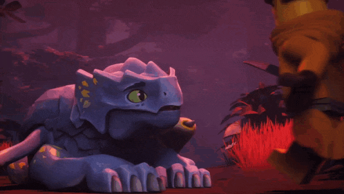 a lego character is hugging a blue dinosaur with a purple background