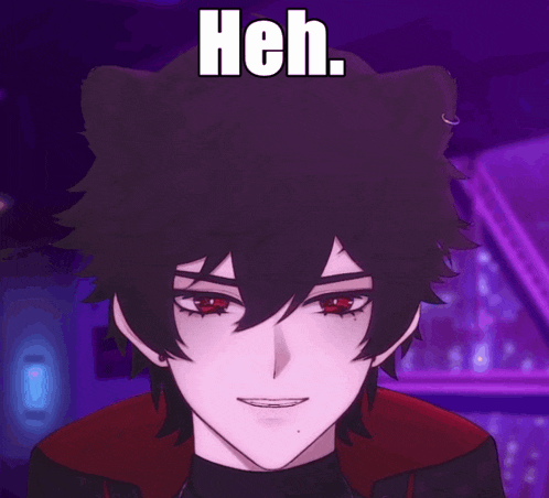 a cartoon character with a cat ear and the words heh on his head