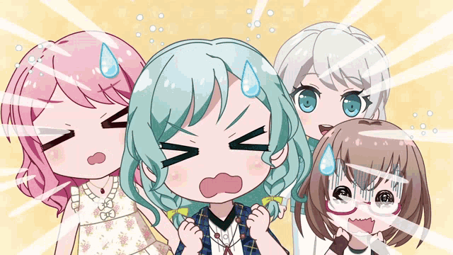 a group of anime girls are standing next to each other and one of them is making a surprised face