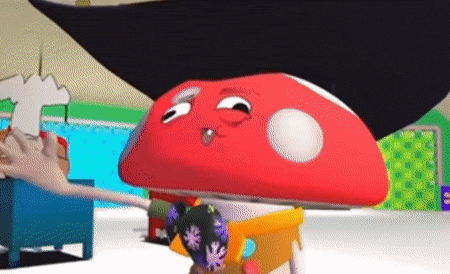 a cartoon mushroom is wearing a black hat and smoking a cigarette