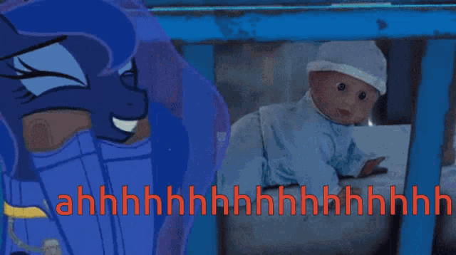a baby is crawling out of a crib and the words ahhhh are visible