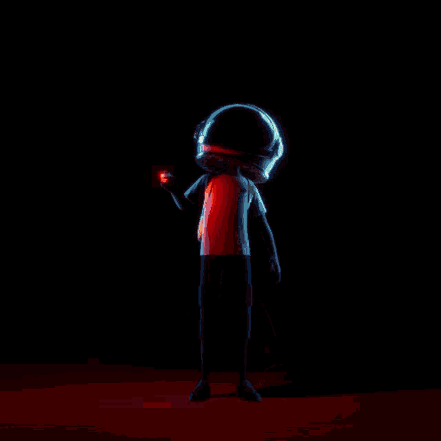 a person with a helmet on stands in front of a heart made of light