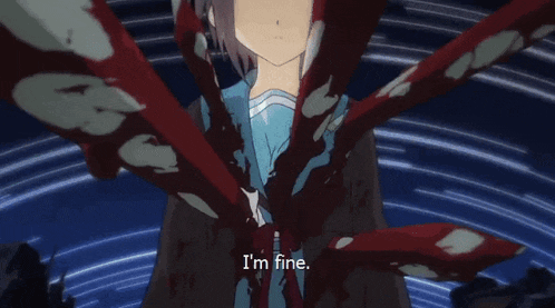 a girl in a school uniform is surrounded by blood and says " i 'm fine "