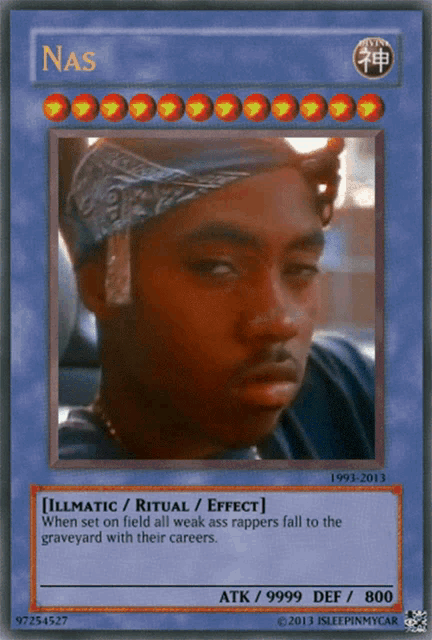 a card that says nas on it with a picture of a man wearing a bandana