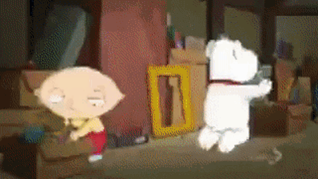 a cartoon of stewie and snoopy dancing in a room