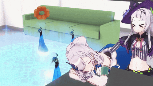 a cartoon drawing of a girl sleeping next to a peacock