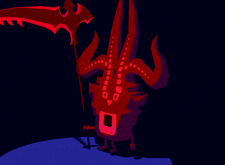 a drawing of a red monster with horns and a sword