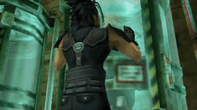 a man in a video game is standing in front of a glass door .