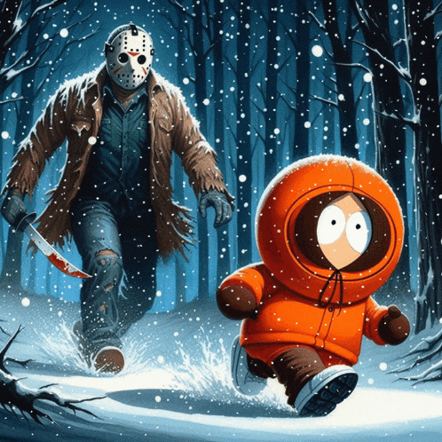 a cartoon of jason voorhees and kenny from south park