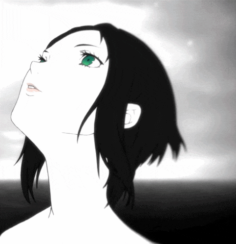 a black and white drawing of a woman with green eyes looking up