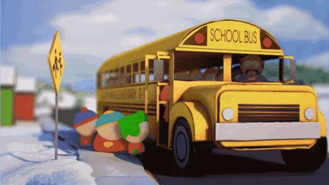 a yellow school bus is parked in front of a crosswalk sign
