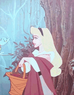 a cartoon of aurora from sleeping beauty carrying a basket of flowers