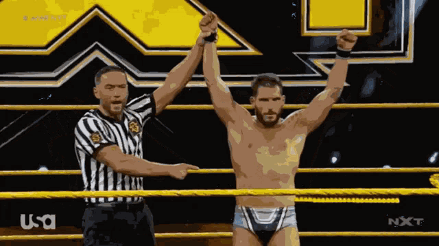 a referee holds up a wrestler 's arm in a wrestling ring with a usa logo in the background