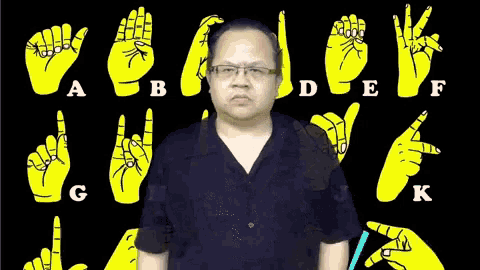 a man wearing glasses stands in front of a wall of yellow hands with the letters a b c d e f and k on them