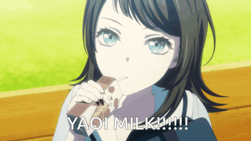 a girl is eating a chocolate bar with the words yaoi milk !!! behind her