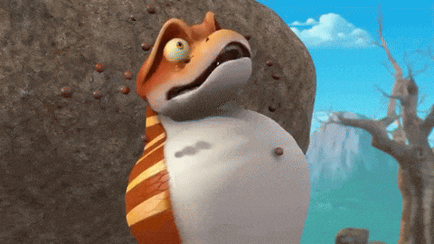 a cartoon character wearing a tie is standing next to a large rock