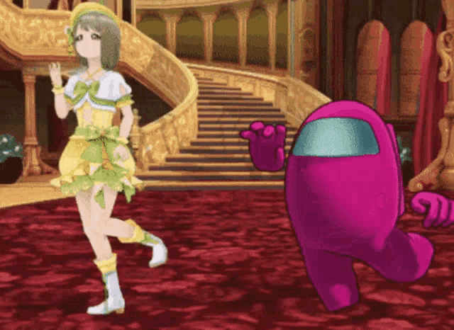 a pink among us character standing next to a girl in a yellow dress