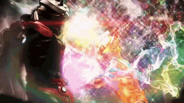 a cartoon character is surrounded by a rainbow of lights and smoke
