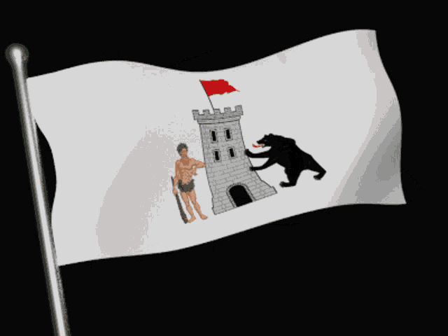 a flag with a man holding a club and a castle and a bear