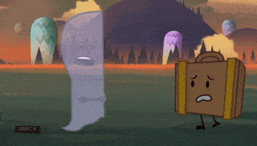 a cartoon drawing of a ghost and a suitcase with a face that says ' i 'm sorry '