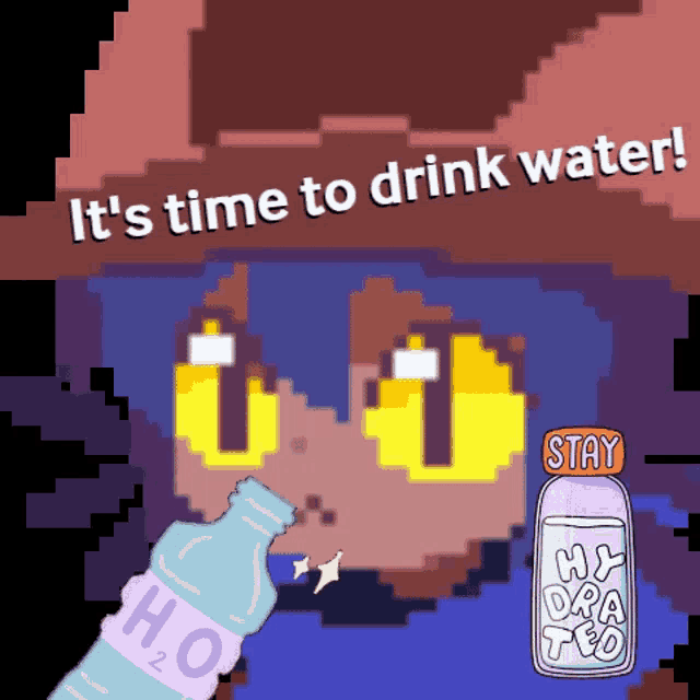 a pixel art drawing of a cat with the words " it 's time to drink water " above it
