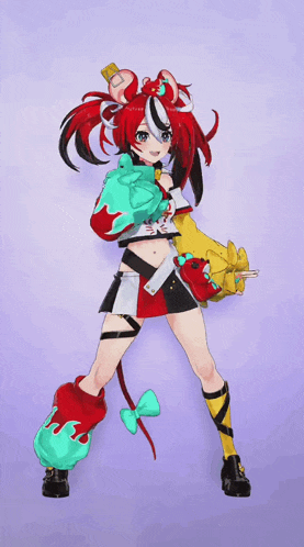 a girl with red hair and black and white hair is wearing a colorful outfit .