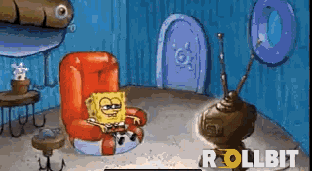 a cartoon of spongebob sitting in a chair watching a tv .