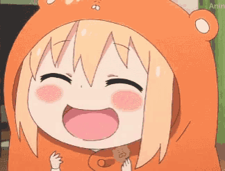 a cartoon girl wearing a bear hood is smiling and holding a piece of food .