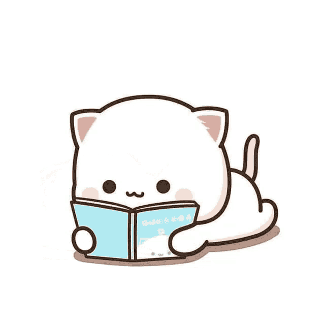 a cartoon of a cat reading a book and another cat jumping in the air .