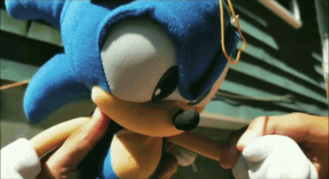 a sonic the hedgehog stuffed animal is being held by someone