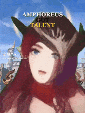 a girl with red hair and a crown on her head says amphioreus got talent on the bottom