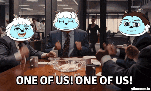 a group of people sitting around a table with one saying one of us one of us