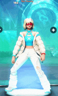 a girl in a blue top and white jacket is standing in front of a screen that says not ready 182