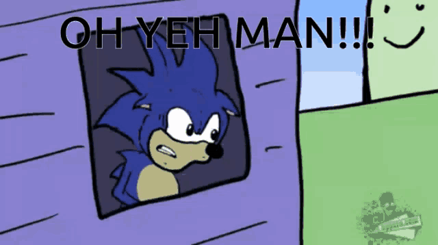 a cartoon of sonic the hedgehog with the words oh yeh man written above him