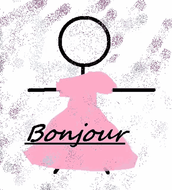 a drawing of a woman in a pink dress with the word bonjour below it