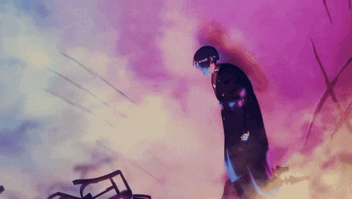 a man in a black suit is standing in front of a purple sky