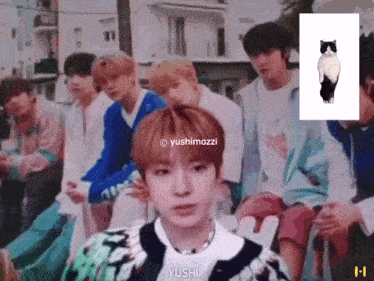 a group of young men are sitting next to each other with a picture of a cat in the background .