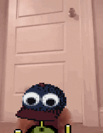 a pixel art of a cartoon character with big eyes