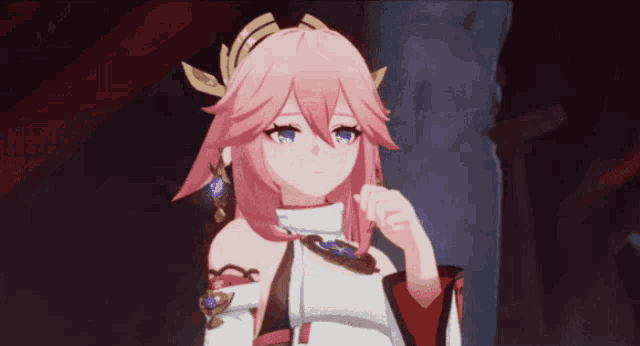 a girl with pink hair and blue eyes is wearing a white and red outfit