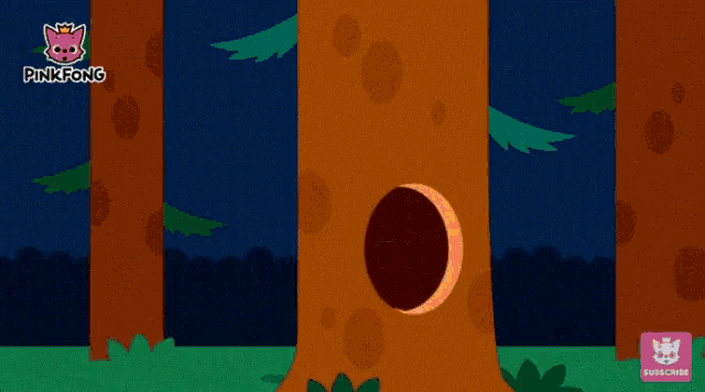 a cartoon of a raccoon coming out of a hole in a tree trunk