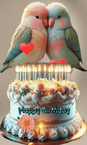 two birds kissing on top of a birthday cake that says " happy birthday "