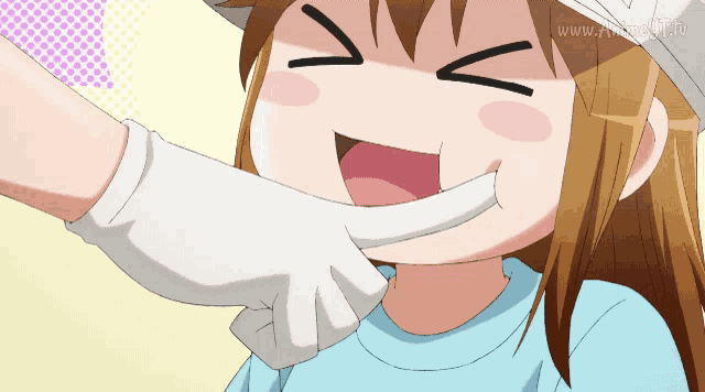 a cartoon girl with a white glove on her face is smiling