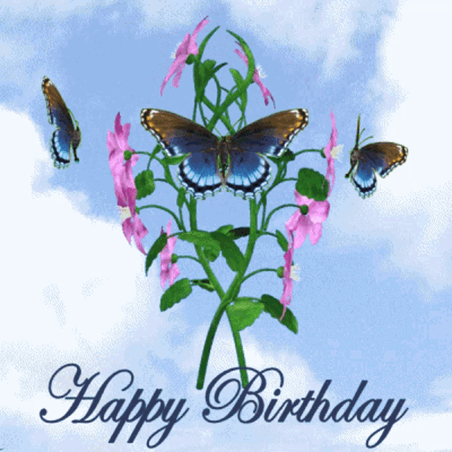 a happy birthday card with butterflies and flowers on it