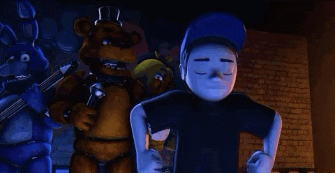 a group of five nights at freddy 's characters standing next to each other in a room .