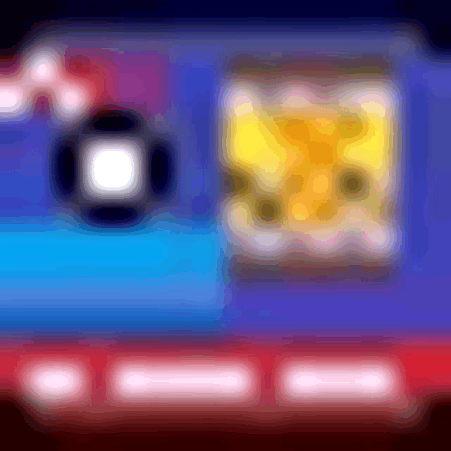 a pixel art of a blue , red , and yellow ambulance with a white circle in the middle .