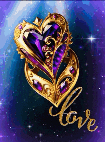 a gold and purple heart with the word love written on it