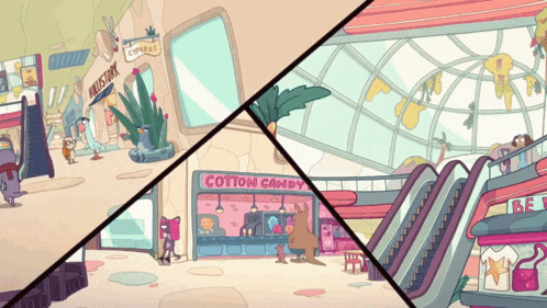 a cartoon of a mall with a cotton candy stand in the middle