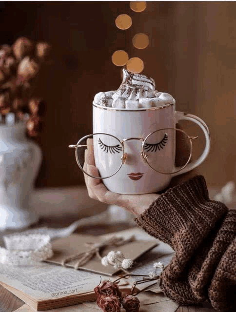 a person is holding a cup of hot chocolate with whipped cream and marshmallows on top